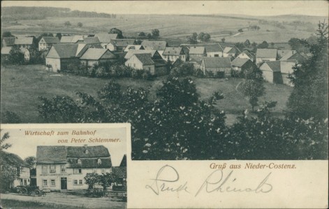 Alte Ansichtskarte Gruß aus Nieder-Costenz, Gesamtansicht, Wirtschaft zum Bahnhof von Peter Schlemmer