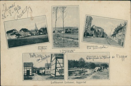 Alte Ansichtskarte Luftkurort Lohmar (Aggertal), Kirchdorf, Gesamtansicht, Hauptstraße, Alte Dorfstraße, Strandbad a. d. Agger