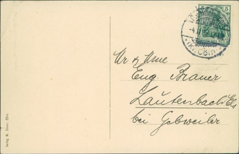 Adressseite der Ansichtskarte Gruss aus Gross-Königsdorf, Bahn-Ansicht, Hauptstrasse, Restauration von Mathias Trebels