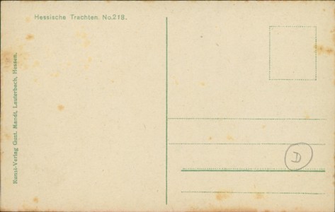 Adressseite der Ansichtskarte Hessische Trachten No. 218, 
