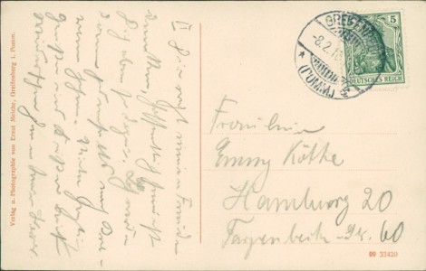 Adressseite der Ansichtskarte Greifenberg, Hauptweg zur Ottos Höhe