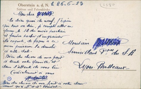 Adressseite der Ansichtskarte Oberstein a. d. N., Schloss und Felsenkirche