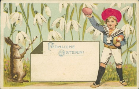 Alte Ansichtskarte Fröhliche Ostern, Knabe mit Mütze aus Samt, Osterhase und Schneeglöckchen