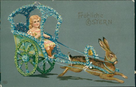 Alte Ansichtskarte Fröhliche Ostern, Osterhase zieht Wagen geschmückt mit Vergissmeinnicht