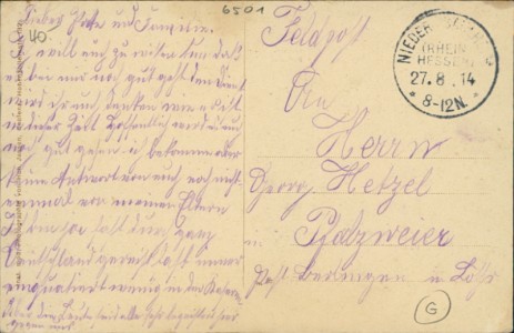 Adressseite der Ansichtskarte Gruß aus Ober-Saulheim, Colonialwarenhdlg. von Heinrich Lehrbach, Krieger-Denkmal, Kirche