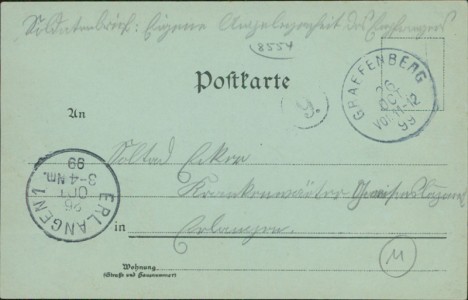 Adressseite der Ansichtskarte Gruss aus Gräfenberg (Fränkische Schweiz), Gesamtansicht, Marktplatz, Bahnhof, Hinterer Graben, Teufelstisch