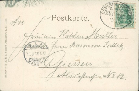 Adressseite der Ansichtskarte Gruss aus Weilmünster, Teilansicht, Gastwirtschaft Jacob Schmidt