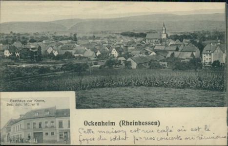 Alte Ansichtskarte Ockenheim (Rheinhessen), Totalansicht, Gasthaus zur Krone, Bes. Joh. Müller V