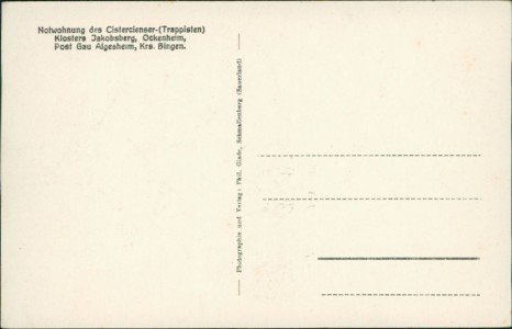 Adressseite der Ansichtskarte Ockenheim, Notwohnung des Cistercienser-(Trappisten) Klosters Jakobsberg