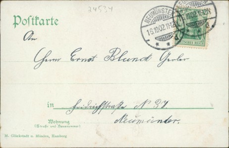 Adressseite der Ansichtskarte Neumünster, Kuhberg