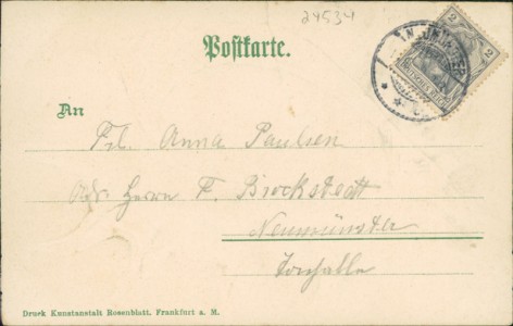 Adressseite der Ansichtskarte Gruss aus Neumünster, Grossflecken mit Post