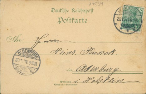 Adressseite der Ansichtskarte Gruss aus Neumünster, Grossflecken (Westseite), Evang. Kirche, Grossflecken (Ostseite), Dreikaiser-Denkmal, Kieferstrasse, Bahnhof