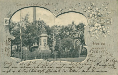 Alte Ansichtskarte Gruss aus Neumünster, Kleinflecken mit Dreikaiser Denkmal