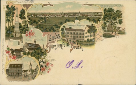 Alte Ansichtskarte Gruss aus Fürstenfeld-Bruck, Kaiser-Denkmal in Puch, Gelbenholzen Wilhelmshöhe, 1000 jährige Edigna Linde in Puch, Kloster Fürstenfeld, Rathaus u. St. Leonhardskirche