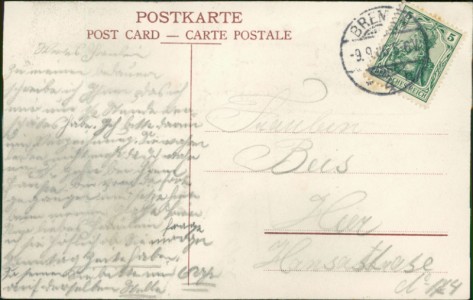 Adressseite der Ansichtskarte Bremen, Kaiserstr., Ecke Molkenstr., Hotel und Restaurant zur Börse, Hermann Stickelmann