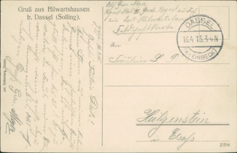 Adressseite der Ansichtskarte Hilwartshausen a. Solling, Gesamtansicht