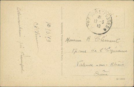 Adressseite der Ansichtskarte Gruß aus Schwanheim a. M., Totalansicht, Kath. Kirche, Schwesternhaus, Evang. Kirche