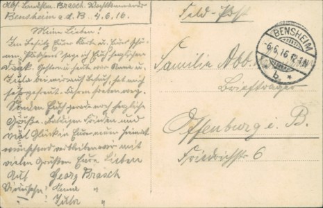 Adressseite der Ansichtskarte Gruss aus Bensheim a. d. B., Restauration zum Rosengarten Besitz. . A. Friessinger