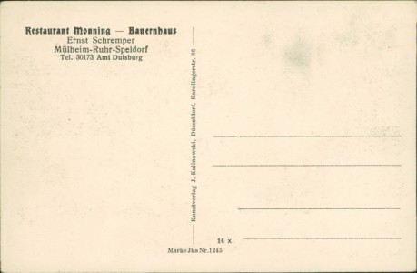 Adressseite der Ansichtskarte Mülheim-Ruhr-Speldorf, Restaurant Monning - Bauernhaus