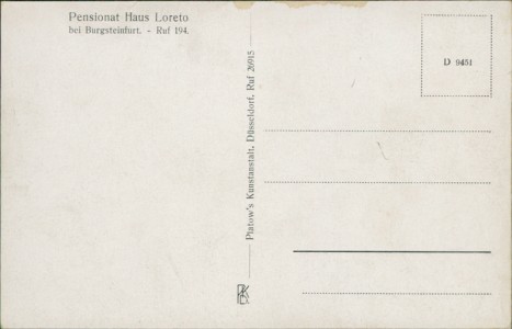 Adressseite der Ansichtskarte Burgsteinfurt, Pensionat Haus Loreto. Handarbeitszimmer der Klassenkinder