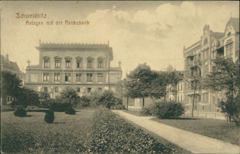 Alte Ansichtskarte Schweidnitz / Świdnica, Anlagen mit der Reichsbank
