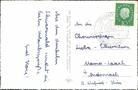 Adressseite der Ansichtskarte Schonach im Schwarzwald, Luftaufnahme