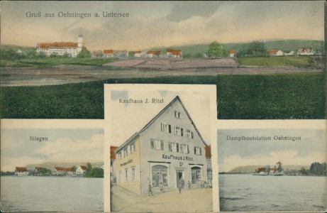 Alte Ansichtskarte Öhningen, Stiegen, Kaufhaus J. Ritzl, Dampfbootstation