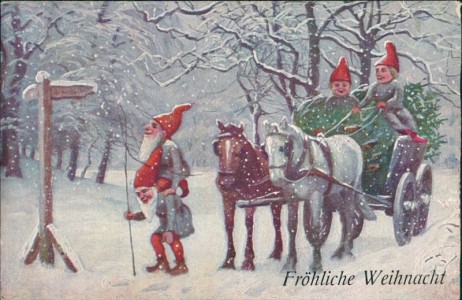 Alte Ansichtskarte Fröhliche Weihnachten, Zwerge mit Kutsche