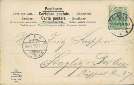 Adressseite der Ansichtskarte Siegen, Gesamtansicht