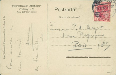 Adressseite der Ansichtskarte Freiburg im Breisgau, Weinrestaurant "Martinstor", Inh.: Gebrüder Schanz