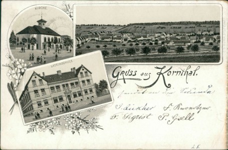 Alte Ansichtskarte Korntal-Münchingen, Kirche, Gesamtansicht, Lateinschule