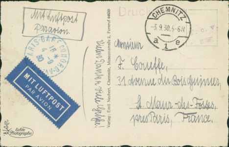 Adressseite der Ansichtskarte Chemnitz, Theaterstraße mit dem historischen roten Turm