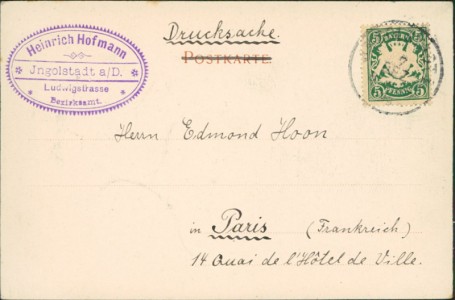 Adressseite der Ansichtskarte Ingolstadt, Kgl. Gymnasium