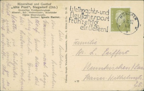 Adressseite der Ansichtskarte Siegsdorf, Mineralbad und Gasthof "Alte Post"