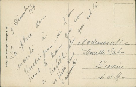 Adressseite der Ansichtskarte Krefeld-Uerdingen, Markt mit Straßenbahn