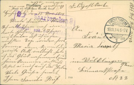 Adressseite der Ansichtskarte Pforzheim, Markt mit Warenhaus Geschw. Knopf