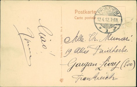 Adressseite der Ansichtskarte Pforzheim, Partie an der Enz mit Friedrichsschule