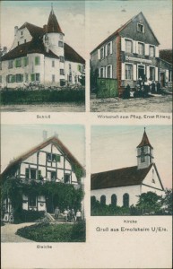 Alte Ansichtskarte Ernolsheim, Schloß, Wirtschaft zum Pflug, Ernst Ritleng, Bleiche, Kirche