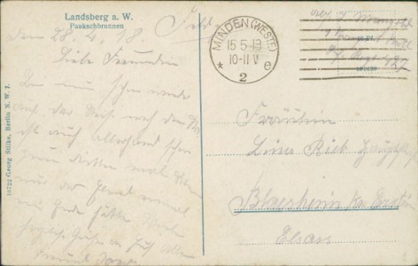 Adressseite der Ansichtskarte Landsberg/W. / Gorzów Wielkopolski, Paukschbrunnen
