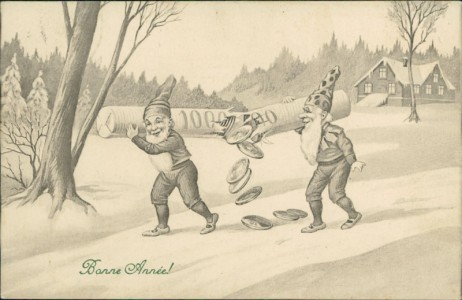 Alte Ansichtskarte Bonne Année, Zwerge mit einer Stange voll Geld