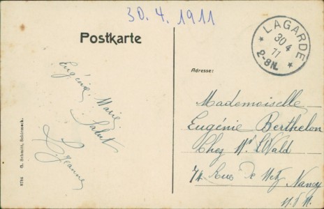 Adressseite der Ansichtskarte Lagarde, La plus ancienne maison. Eglise