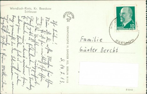 Adressseite der Ansichtskarte Wendisch-Rietz, Kr. Beeskow, Schleuse