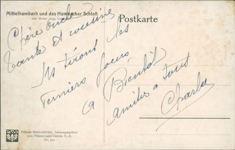 Adressseite der Ansichtskarte Mittelhambach und das Hambacher Schloß, Pfälzer Heimatbilder, herausgegeben vom Pfälzerwald-Verein V.-A.