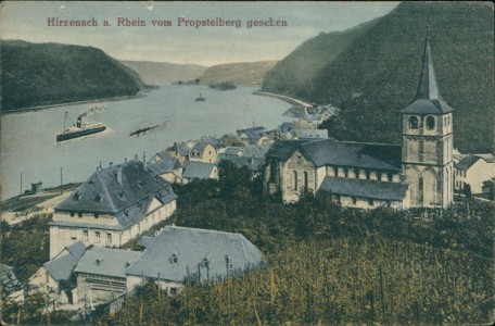 Alte Ansichtskarte Hirzenach a. Rhein, vom Propsteiberg gesehen