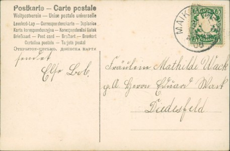 Adressseite der Ansichtskarte Herzlichste Glückwünsche zum neuen Jahre, Text in Golddruck