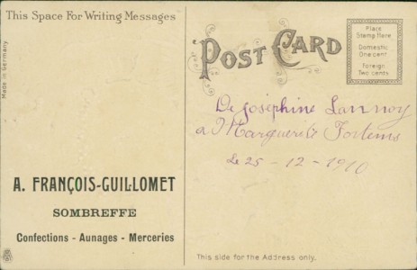 Adressseite der Ansichtskarte Merry Christmas, Kinder mit Riesen-Bratapfel