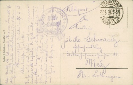 Adressseite der Ansichtskarte Frankfurt (Oder), Birkenallee mit Blick auf den Kleistturm