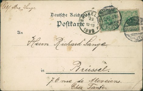 Adressseite der Ansichtskarte Gruss aus Bünde i./W., Gesamtansicht mit Bahnhof, Kirche, Postamt (SEHR SCHLECHTE ERHALTUNG)