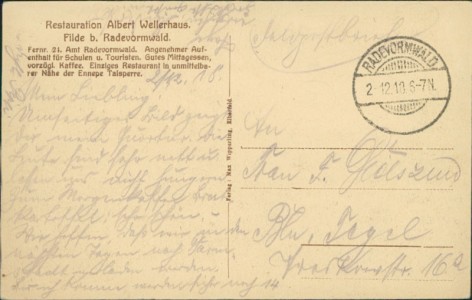 Adressseite der Ansichtskarte Radevormwald-Filde, Restauration Albert Wellerhaus