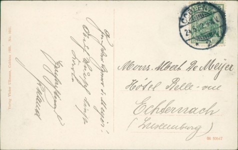 Adressseite der Ansichtskarte Koblenz, Monopol-Metropole-Hotel